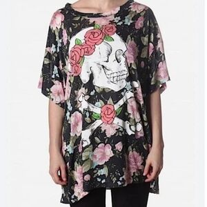 Wildfox Rare Floral Deadhead Skull Tee - Black and Pink